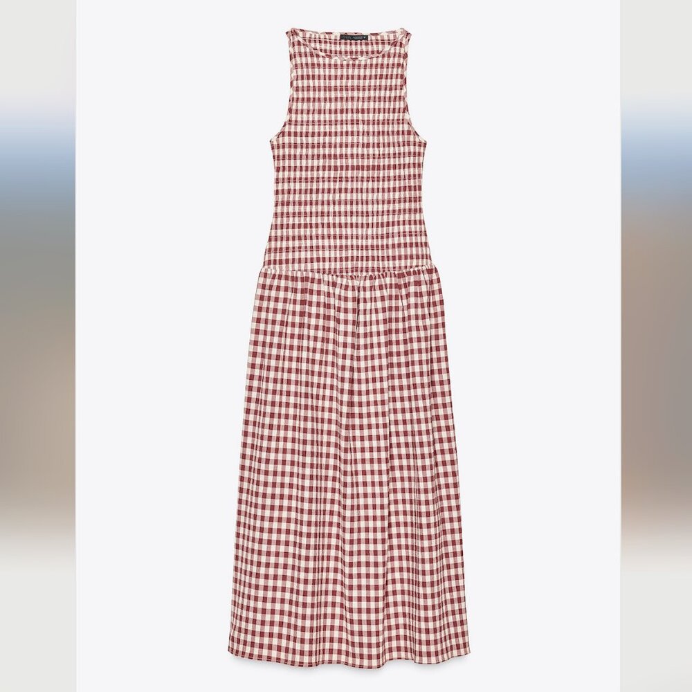 Zara Red and White Checkered Midi Dress